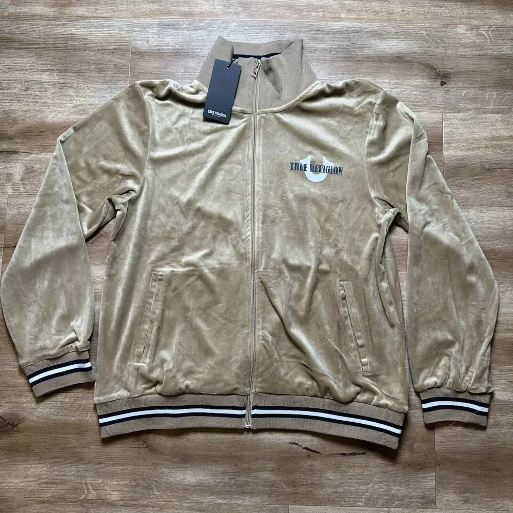 True Religion Tour Jacket Men's Large Tan Track Velour Travertine Full‎ Zip NWT